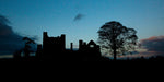 A silhouette of Bective Abbey at dusk with a magnificent blue and pink cloudy sky behind.