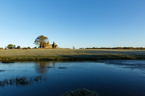 Bective Abbey seen from the east bank of the deep blue river Boyne on a frosty May morning. 