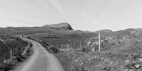A road on Clare Island towards Knocknore in black and white.