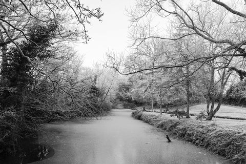 A frosty morning at the Ramparts in Navan in black and white.