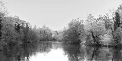 A calm morning on the Boyne at the Ramparts in Navan in black and white.