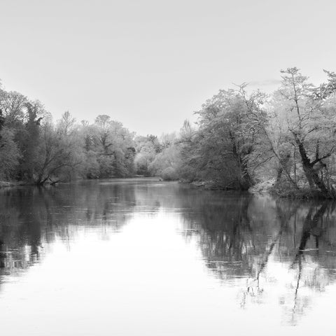 A calm morning on the Boyne at the Ramparts in Navan in black and white.
