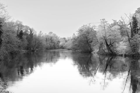 A calm morning on the Boyne at the Ramparts in Navan in black and white.