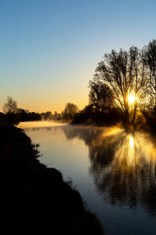 A beautiful sunrise over the River Boyne at the ruins at Newtown, Trim. The sun casting beautiful long shadows of the trees over the river.