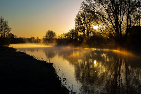 The sun rising over the River Boyne. The sun casting beautiful long shadows of the trees over the river.